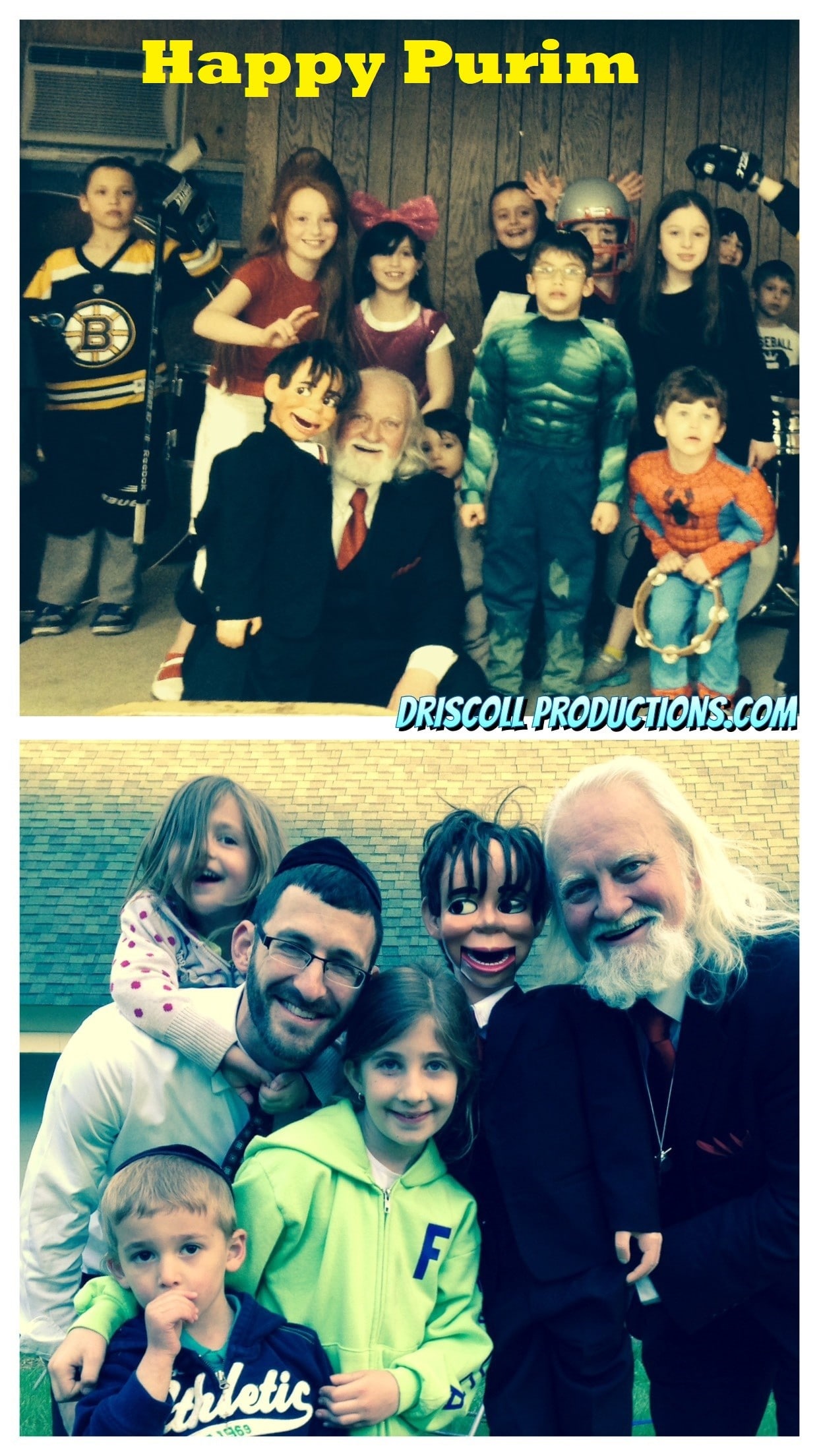 Costumed children celebrate Purim with the Purim Puppets.